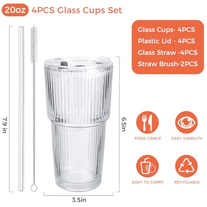 4PCS 20oz Glass Cups with Lids and Straws, Iced Coffee Cups with Lids, Stylish Ribbed Thick Drinking Glasses Tumbler for Juice, Smoothies, Cold Beverages, Cute Cup Gifts with Clean Brush - color: Clear Glass 4PCS