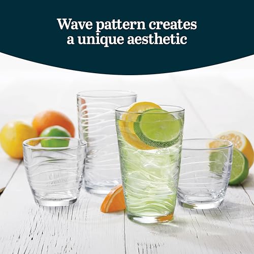 Libbey Orbita Rocks and Tumbler Drinking Glasses Set of 16, Durable Glass Cups Set with Wave Pattern, Glassware Drinking Glasses for Any Occasion - color: 09 - Orbita