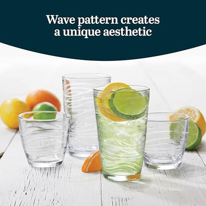 Libbey Orbita Rocks and Tumbler Drinking Glasses Set of 16, Durable Glass Cups Set with Wave Pattern, Glassware Drinking Glasses for Any Occasion - color: 09 - Orbita