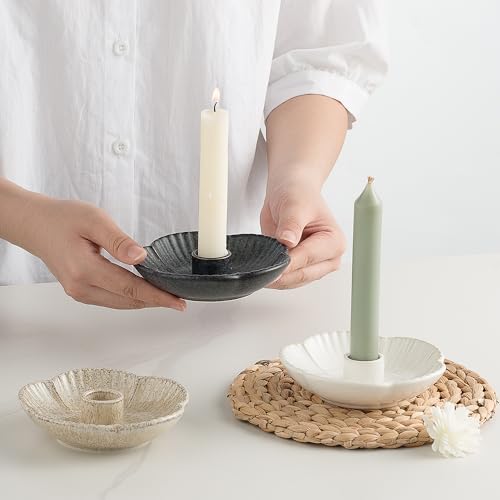 Ceramic Taper Candle Holder, 4.72 in Polished Round Base Tray | Use with incense or palo santo to create a calm tabletop setting for dinners, meditation or seasonal displays. - color: Black