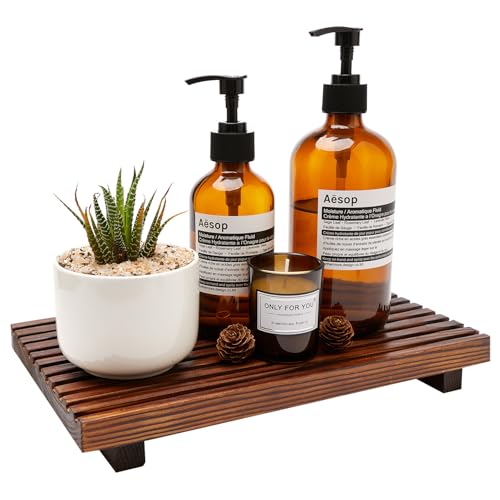 Decorative Wooden Tray for Bathroom Counter Kitchen Wood Riser Vanity Tray | Farmhouse Bathroom Sink Accessories Wood Display Pedestal Stand Countertop Tray Teak Bathtub Dish Soap Dispenser Holder - color: Brown, size: 12x6.7 inch