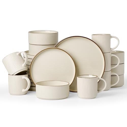 Famiware Dinnerware Set with Mugs, Creamic Plates and Bowls, Dishes for 6 | 24-Piece Stoneware Dinner Set, Chip & Scratch Resistant, Microwave & Dishwasher Safe, Everyday & Formal Dining, Cream - color: Cream, size: Service for 6 with Mugs