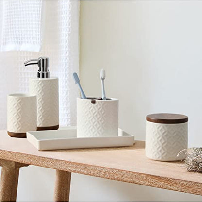 Bathroom Accessories Set, 5-Piece Ceramic and Wood Bath Accessory Complete Set with Lotion Dispenser/Soap Pump, Cotton Jar, Vanity Tray, Tumbler and Toothbrush Holder (White and Beige)