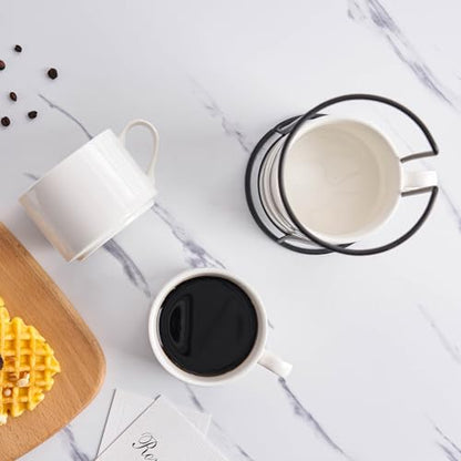 10oz Stackable Coffee Mugs Set of 4 with Stand | White Ceramic Coffee Cups Set for Cappuccino, Latte, Tea, Milk, Housewarming Gift - color: White
