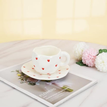 Koythin 10oz Ceramic Mug With Saucer, Small Red Heart Couple Latte Tea Cup | 300ml Heart Pattern Cup, Safe For Microwave & Dishwasher; Couple Cup - color: Small Red Heart