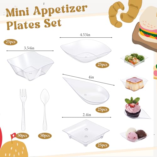 200 Pcs Mini Appetizer Plates Set Including Spoons and Forks, Disposable Mini Dessert Cup 4 Shapes Clear Plastic Dessert Bowls and Serving Trays for Party Wedding Birthday