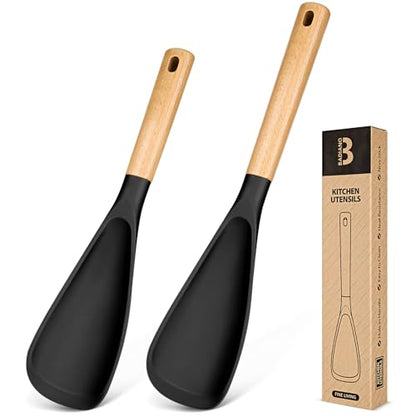 Multifunction Spoon for Nonstick Cookwares, Great for Cooking and Serving, Sturdy BPA-Free Matte Silicone, Wood Handle Spoonula for Mixing, Scoop, and Scrape, Black(2 pack,11.4" & 13.4") - color: Black