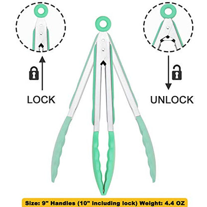 HINMAY 9" Kitchen Cooking Tongs with Silicone Tips, Set of 3 (Mint) - color: Mint