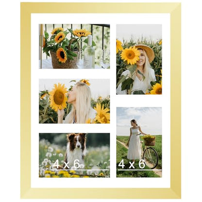 JCJMY 11x14 Collage Picture Frame with Mat, Display 5 Pcs 4x6 Photos or 11x14 Picture, Five Opening 4x6 Picture Frame Collage for Wall Hanging, Lightweight 4 x 6 Multi Photo Frame,Gold - color: Gold