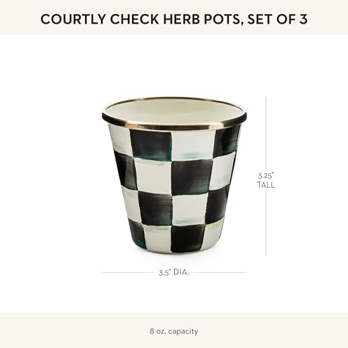 MACKENZIE-CHILDS Enamel Herb Pot Set, Small, Black-and-White Courtly Check | Hand-painted design, small plant pots for herbs or flowers, 8-ounce capacity per pot, set of 3 - color: Courtly Check
