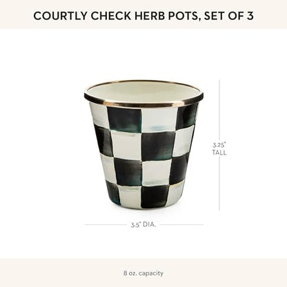 MACKENZIE-CHILDS Enamel Herb Pot Set, Small, Black-and-White Courtly Check | Hand-painted design, small plant pots for herbs or flowers, 8-ounce capacity per pot, set of 3 - color: Courtly Check