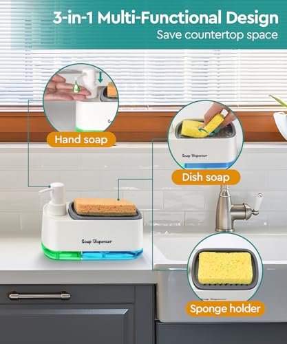 Kitchen Dish Soap Dispenser Set，Dish and Hand Soap Dispenser with Sponge Holder, 3-in-1 Countertop Sponge Dual Soap Pump Dispenser for Kitchen Sink - White