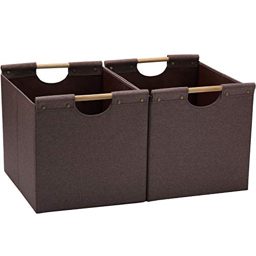 HOONEX Large Collapsible Storage Bins, Linen Fabric, 2 Pack, Storage Baskets with Wooden Carry Handles and Sturdy Heavy Cardboard, for Home, Office, Car, Nursery, Brown - color: Brown