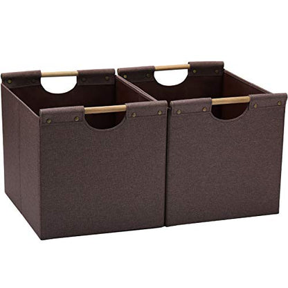 HOONEX Large Collapsible Storage Bins, Linen Fabric, 2 Pack, Storage Baskets with Wooden Carry Handles and Sturdy Heavy Cardboard, for Home, Office, Car, Nursery, Brown - color: Brown