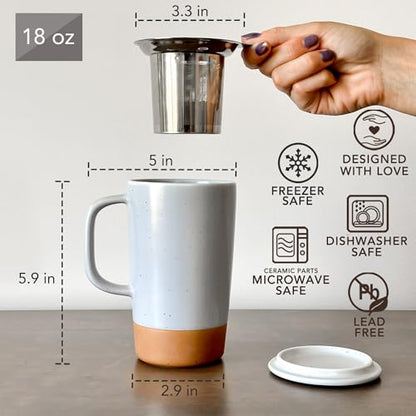 Mora Ceramics Large Tea Mug with Loose Leaf Infuser and Ceramic Lid, 18 oz, Portable, Microwave and Dishwasher Safe, Tall Coffee Cup - Rustic Matte Ceramic Glaze, Modern Herbal Tea Strainer, Sleet - color: Sleet