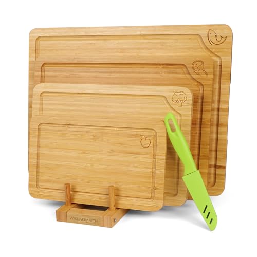 WILLKOMMEN 4-Piece Bamboo Cutting Boards for Kitchen, Chopping Board Set with Food Icon (Meat, Fish, Vegetables, Fruits) Butcher Block with Stands, Handles & Juice Grooves (Small, Medium, Large, XL) - color: Bamboo Set of 4