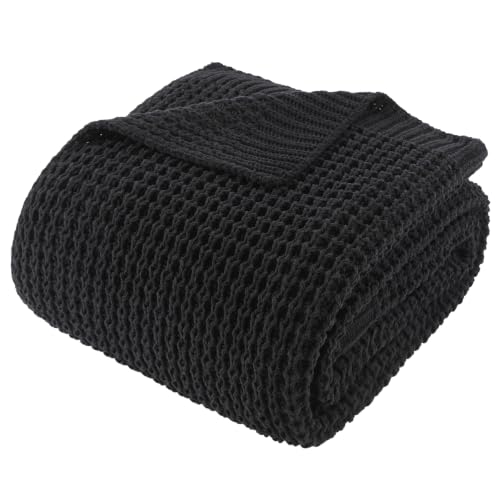 Waffle Knit Throw Blanket, Black Chenille Throw Blanket for Couch 50"x60" | Cozy Stylish Chunky Knitted Blanket, Ideal for Bed Sofa Men Home Decor,Modern Farmhouse Waffle Knit Texture - color: Black, size: 50"x60"