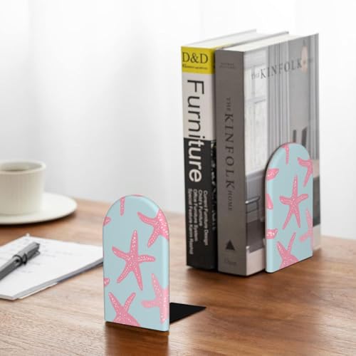 Pink Starfish Simple Bookends for Shelves 2 Pcs Wooden Book Stopper Organizer for Home Office Libraries