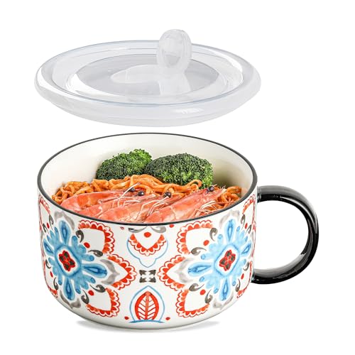 Jumbo Ceramic Soup Bowl with Lid, Microwave Safe - Pattern B | Soup Mug with Big Handle for Ramen Cereal Breakfast Meal Prep Office Lunch Dorm Living - 38 oz Extra Large Food Container - color: Pattern B, size: Set of 1