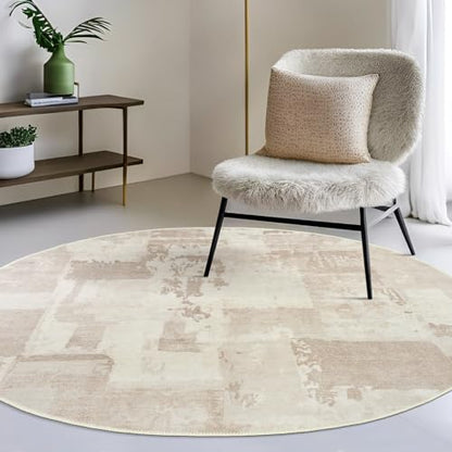 GLN Rugs Bohemian - Troy - Machine Washable Round Rug, Boho Washable, Non Slip, Low Pile Chenille Area Rug, Living Room, Bedroom, Dining Room Rug - Easy Clean (5'3" Round Abstract Tan) - color: Abstract Tan, size: 5'3" (Round)