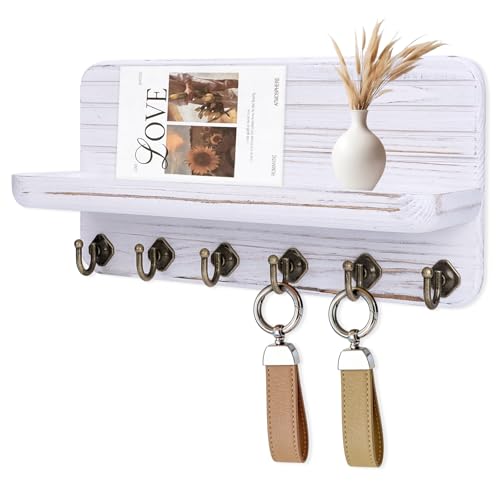 Key Holder for Wall, Mail Organizer Wall Mount with 6 Hooks Wooden Hanging Key Rack for Home Decor, Hallway, Entryway (Vintage White) - color: Vintage White