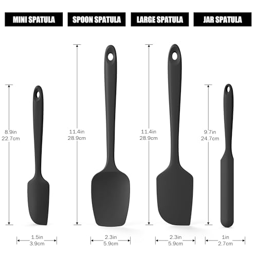 Doosu 9+12in Kitchen Tongs for Cooking - 600°F Heat Resistant Food Tongs with Non-Scratch Silicone Tips & 4-Piece Silicone Spatula Set Kitchen BPA Free Food Grade Baking Supplies Cooking Tools (Black)