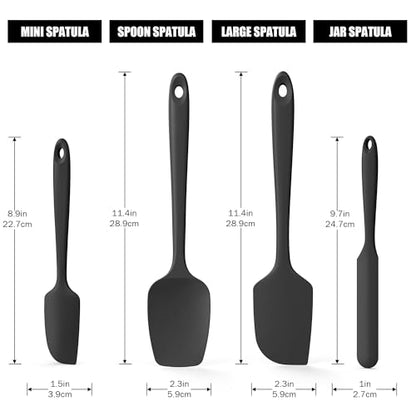 Doosu 9+12in Kitchen Tongs for Cooking - 600°F Heat Resistant Food Tongs with Non-Scratch Silicone Tips & 4-Piece Silicone Spatula Set Kitchen BPA Free Food Grade Baking Supplies Cooking Tools (Black)