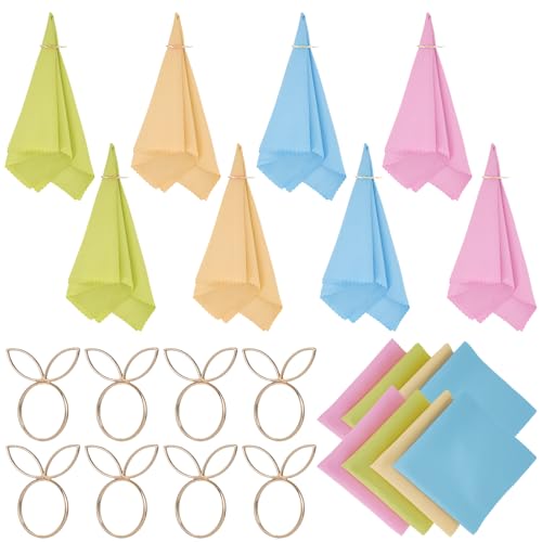 8 Sets Easter Pastel Napkins Cloth with Bunny Napkin Rings Rabbit Napkins Ring Holders with Cocktail Napkin for Spring Wedding Easter Party Table Decor Supplies - color: Pink Blue