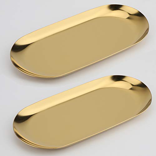 Stainless Steel Decorative Tray, Set of 2, 7 Inch Long, Jewelry Dish Cosmetics Organizer Bathroom Clutter Serving Platter Small Storage Tray, Oval, Gold - color: Gold