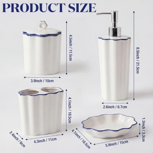 Zhehao Scalloped Bathroom Ceramic Accessories Set 4 Pcs Bathroom Accessory Sets with Toothbrush Holder Soap Dispenser Soap Dish Cotton Swab Jar Bathrooms Countertop Organizer(Blue) - color: Blue