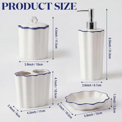 Zhehao Scalloped Bathroom Ceramic Accessories Set 4 Pcs Bathroom Accessory Sets with Toothbrush Holder Soap Dispenser Soap Dish Cotton Swab Jar Bathrooms Countertop Organizer(Blue) - color: Blue
