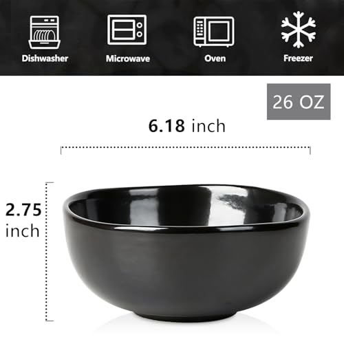 vicrays Ceramic Cereal Bowls Set - Porcelain 26 Ounce Soup Salad Bowls Set - Rice Dessert Cream Bowls Set - Chip Resistant Dishwasher Microwave Safe - Set of 6 (Black) - color: Black