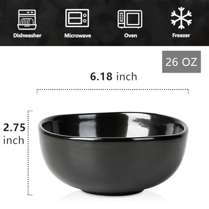 vicrays Ceramic Cereal Bowls Set - Porcelain 26 Ounce Soup Salad Bowls Set - Rice Dessert Cream Bowls Set - Chip Resistant Dishwasher Microwave Safe - Set of 6 (Black) - color: Black
