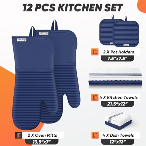 Oven Mitts Kitchen Towels and Dishcloths with Pot Holders Sets, Oven Gloves Hot Pads 500°F Heat Resistant with Silicone Grip, Include 2 Cooking Gloves/2 Potholders/4 Kitchen Towels/4 Dish Towels - color: Marine Blue