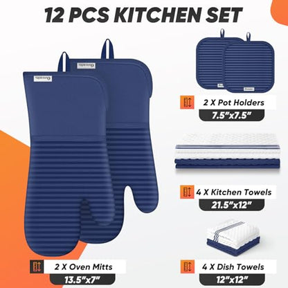 Oven Mitts Kitchen Towels and Dishcloths with Pot Holders Sets, Oven Gloves Hot Pads 500°F Heat Resistant with Silicone Grip, Include 2 Cooking Gloves/2 Potholders/4 Kitchen Towels/4 Dish Towels - color: Marine Blue