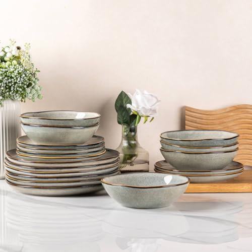 AmorArc Ceramic Dinnerware Sets for 4, 12Pcs Plates and Bowls Sets Dishes | Stoneware Handmade Reactive Glaze Dinner Set, Highly Scratch Resistant | Dishwasher & Microwave Safe Dishware - color: Green Wheat, size: Service for 4(12Pcs)