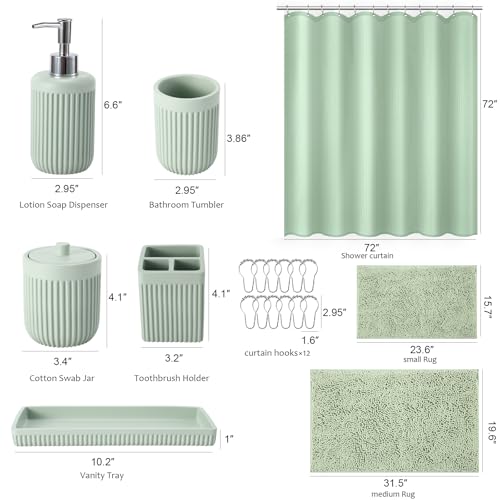 XLHOMO Light Green Bathroom Sets with Shower Curtain and Rugs, 8-Piece Resin Bathroom Accessories Sets Complete, Soap Dispenser, Toothbrush Holder, Tumbler, Tray & Apothecary Jars Bathroom Essentials - color: Green, size: Resin Bath Set Complete