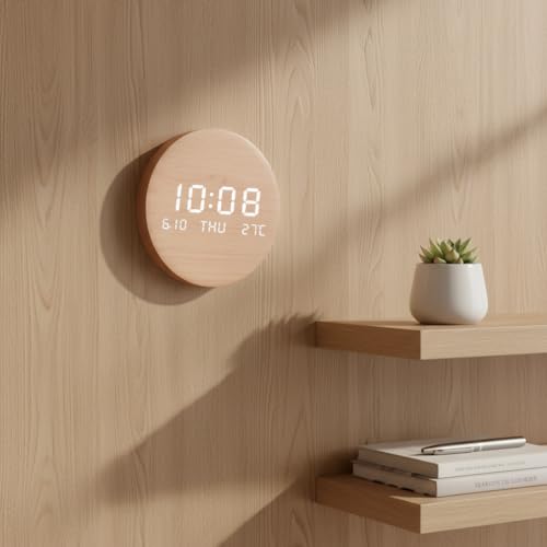 Wooden Silent Non-Ticking Wall Clock, Wood Moon Cordless Aesthetic Modern Alarm, Large LED Digital Round Clock for Living Room Bedroom -Display With Date,Temperature&Calendar(Brown Rechargeable) - size: Brown Rechargeable