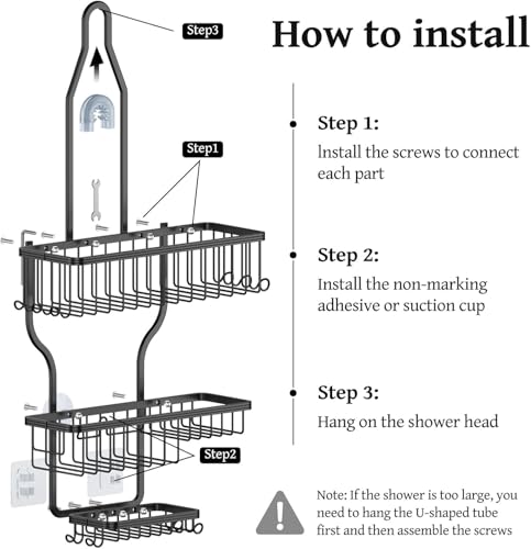 Never Rust Shower Caddy Hanging, Aluminum Shower Racks for Inside Shower, 3-Tier Shower Organizer Hanging Over Shower Head with Hooks and Soap Holder, Black - color: Black