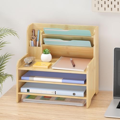 Bamboo File Organizer for Desk, Desktop Paper Tray and Mail Holder | Three open tiers keep A4/letter paper, folders, bills and mail sorted, visible and easy to reach while saving desk space - color: Nature, size: Large