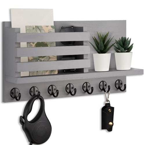 Lwenki Key Holder for Wall – Decorative Wooden Mail Holder and Key Shelf with Mounting Hardware, Installation Guide – Paulownia Wood with Metal Key Hooks (Gray, Extra Large - 15.6inch) - color: Gray, size: Extra Large - 15.6inch