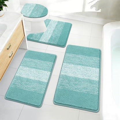 Bsmathom Bathroom Rug Set 4 Piece, Plush Microfiber Bath Mat, Teal | Super Water Absorbent, Non Slip Machine Washable Bath Rug Sets with Toilet Lid Cover and U-shaped Contour Toilet Mat - color: Teal, size: 18"x26"+20"x31"+U20"x24"+Cover19"x21"