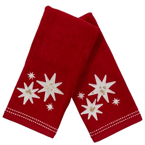 Christmas Bath Hand Towels, Stars with Sequins, Cotton, Red, 16" x 25", Set of 2 - color: Organza Stars