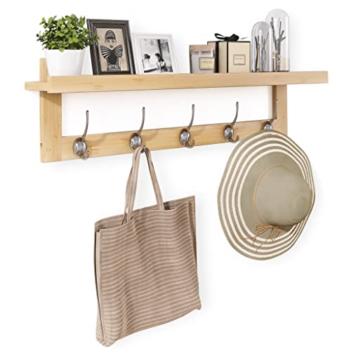 SMIBUY Coat Hooks with Shelf Wall-Mounted, 29.2 Inch Entryway Coat Rack for Wall, Bamboo Hanging Shelf with 5 Double Metal Hooks for Bathroom, Bedroom, Kitchen, Living Room, Mudroom (Natural) - color: Natural