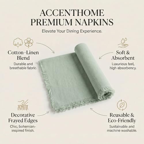 ACCENTHOME Teal Cotton Linen Napkin Set of 6 18x18 inch Dinner Napkins - Washable Soft Premium Hotel Quality Reusable Napkins Perfect Table Napkins for Family Dinners, Weddings & Everyday Use | Cotton Linen Blend Napkins, Machine Wash On Gentle Cycle, Eco