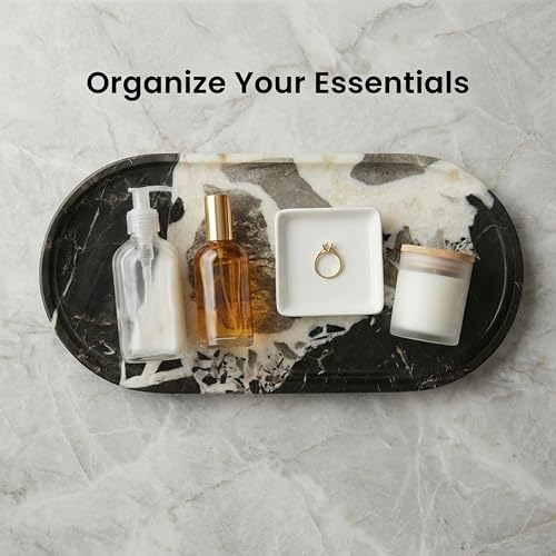 11.8 x 5.9 Inch Black White Veined Oval Marble Tray | Natural Stone Bathroom Vanity Organizer, Catchall Tray, For Perfume, Jewelry, Candles