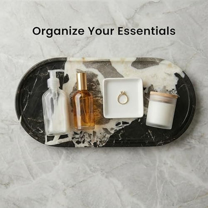 11.8 x 5.9 Inch Black White Veined Oval Marble Tray | Natural Stone Bathroom Vanity Organizer, Catchall Tray, For Perfume, Jewelry, Candles