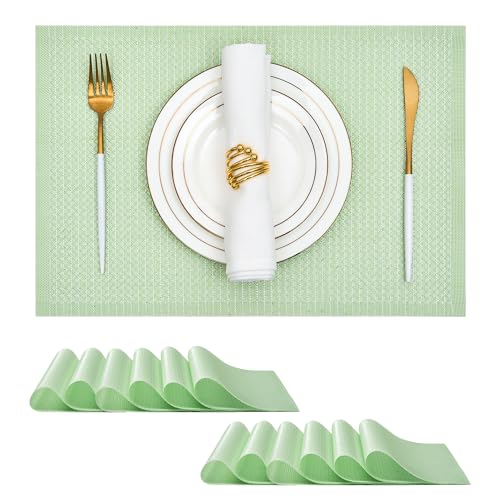 Leetaltree Woven Vinyl Placemats Set of 12, Crisp Green Sequin | Waterproof & Washable Dining Table Mats for Wedding, Anniversary, Daily Use, Hand-Cut, Easy to Clean - color: 00- Crisp Green Sequin, size: Set of 12