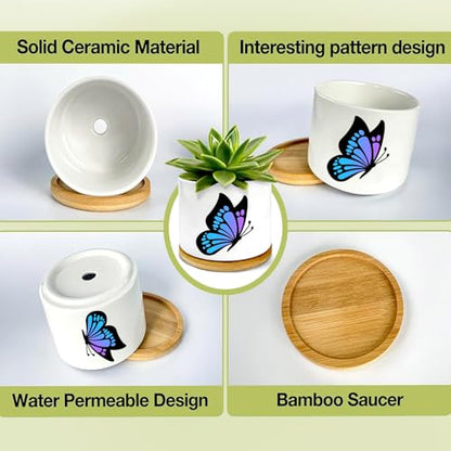 1Pcs Butterfly Planter Pots with Drainage and Tray, Ceramic Pot 3 Inch | Small Planters for Plants,Decoration for Outdoors,Home,Office,Window,Garden, Gifts for Women Men (No Plants Included) - style: Butterfly