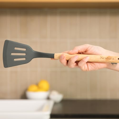 Compact Silicone Kitchen Utensil Set by Nestura, 12-Piece Cooking Utensils with Holder, BPA-Free Heat Resistant Tools with Beechwood Handles for Small Kitchens, Apartments, RVs, Dorms & Gifting